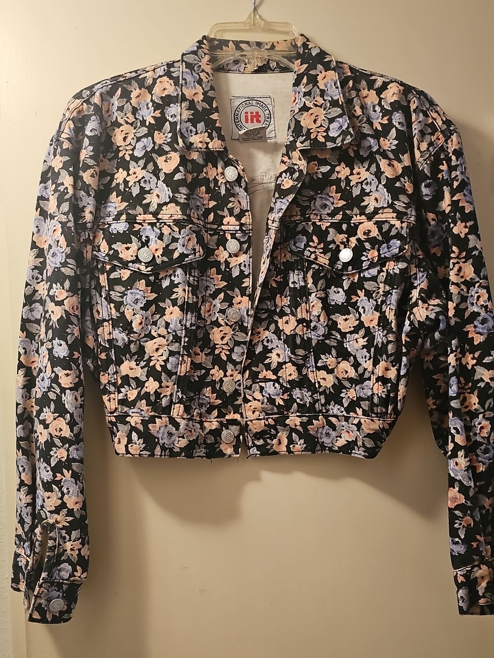 Floral Cropped Black Demin Jacket - with Peach & Lavender Flowers...so Cool.